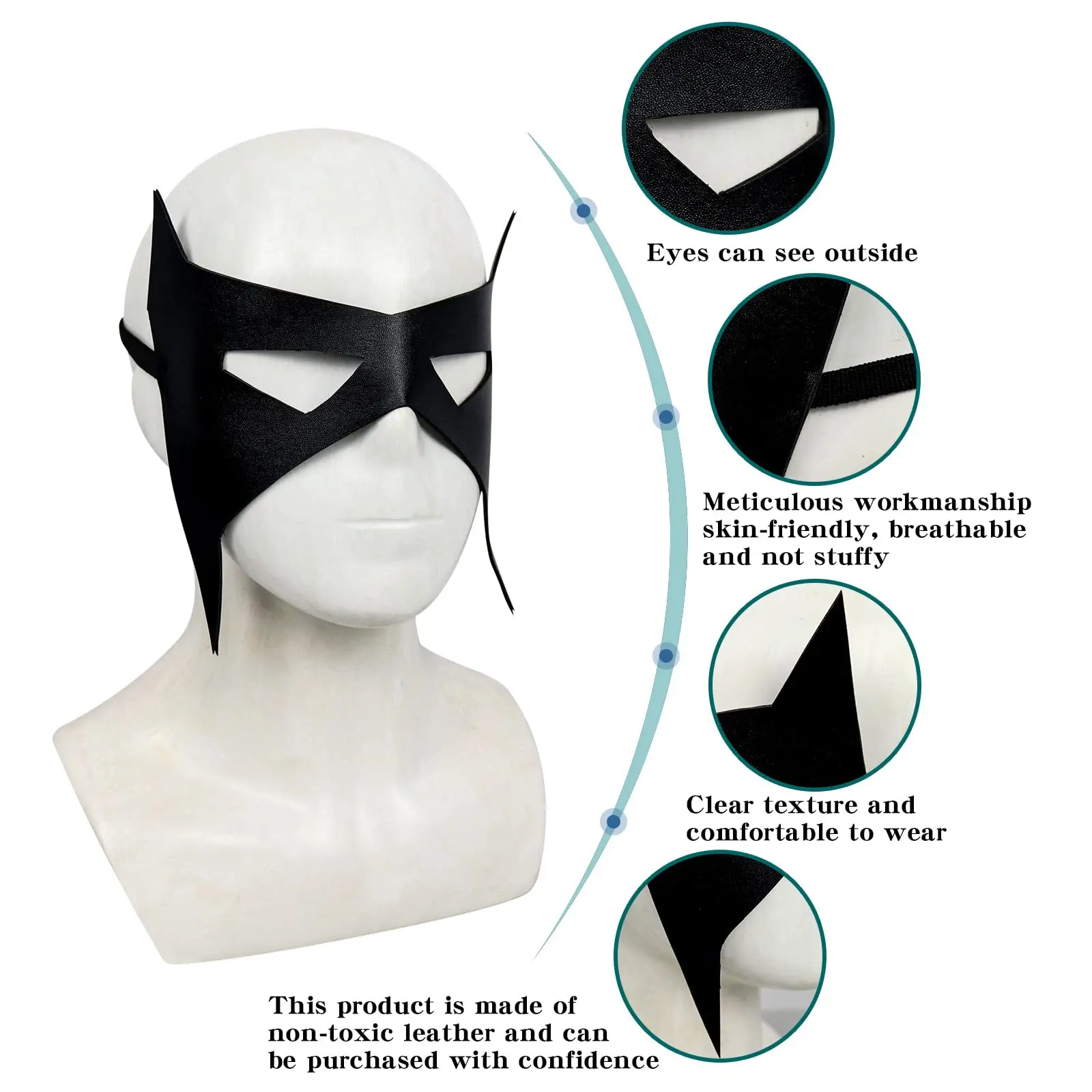 หน้ากากตาค้างคาวสีดำหนังสำหรับผู้ชาย หน้ากากซูเปอร์ฮีโร่ โดมิโน ชุดโจร อุปกรณ์ประกอบฉากงานปาร์ตี้ฮาโลวีน งานแฟนซี สำหรับผู้ใหญ่