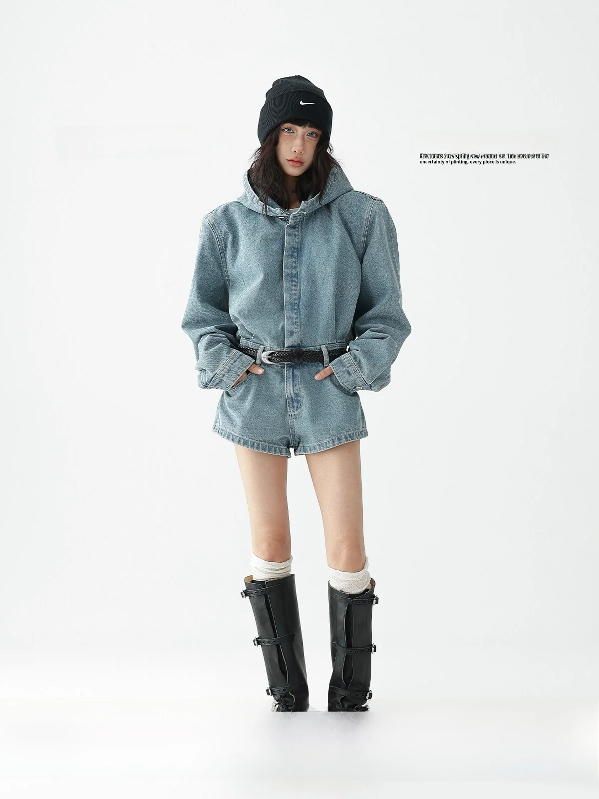 

Acestudios Blue Design Sense American Retro Hooded Jumpsuit Denim orts Women's oulder Pads Removable High Waist Straight Leg