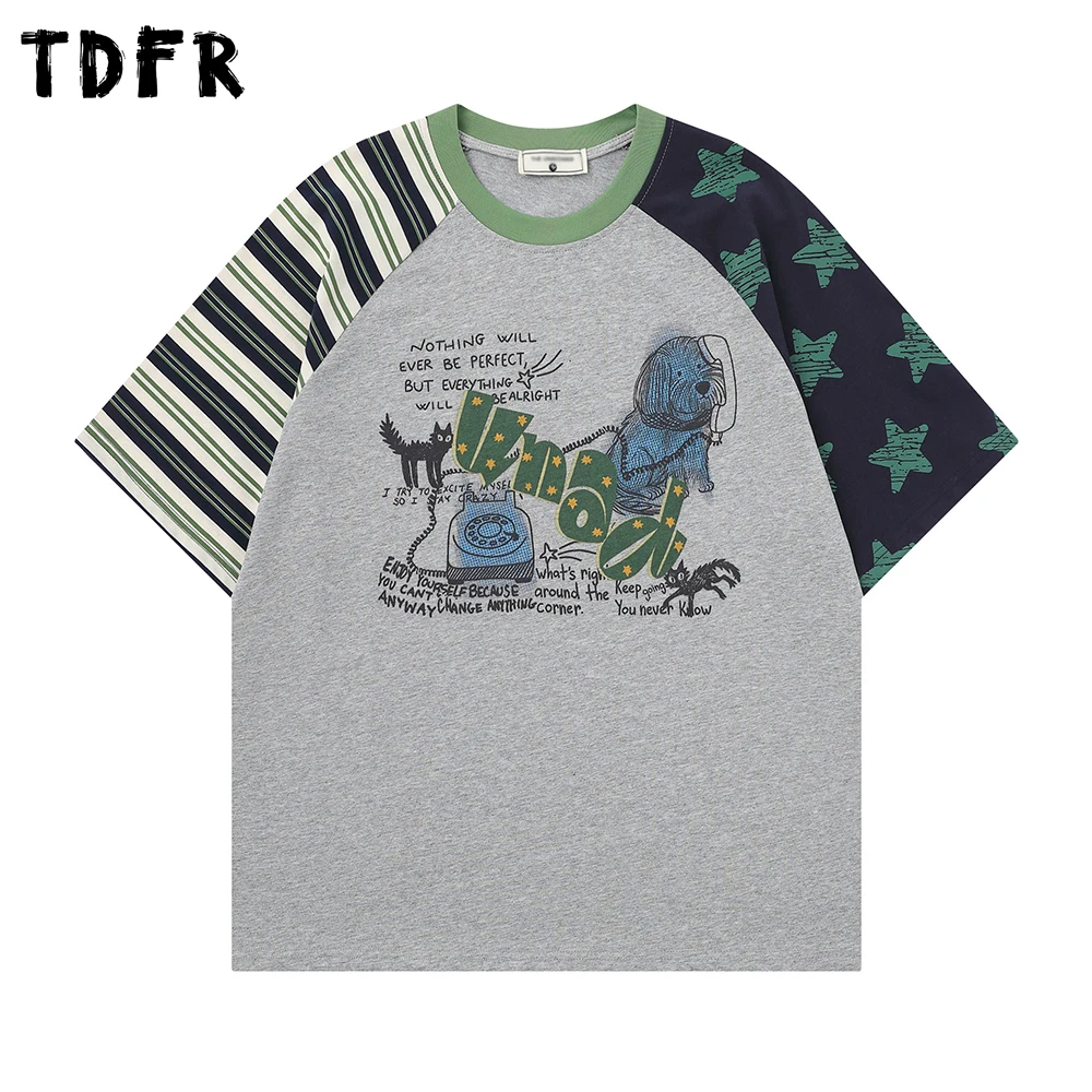 

Мужская футболка с рукавом реглан и принтом в стиле пэчворк, летняя повседневная свободная футболка с мультяшным принтом, ретро-стиль, круглый вырез, короткий рукав, хлопок