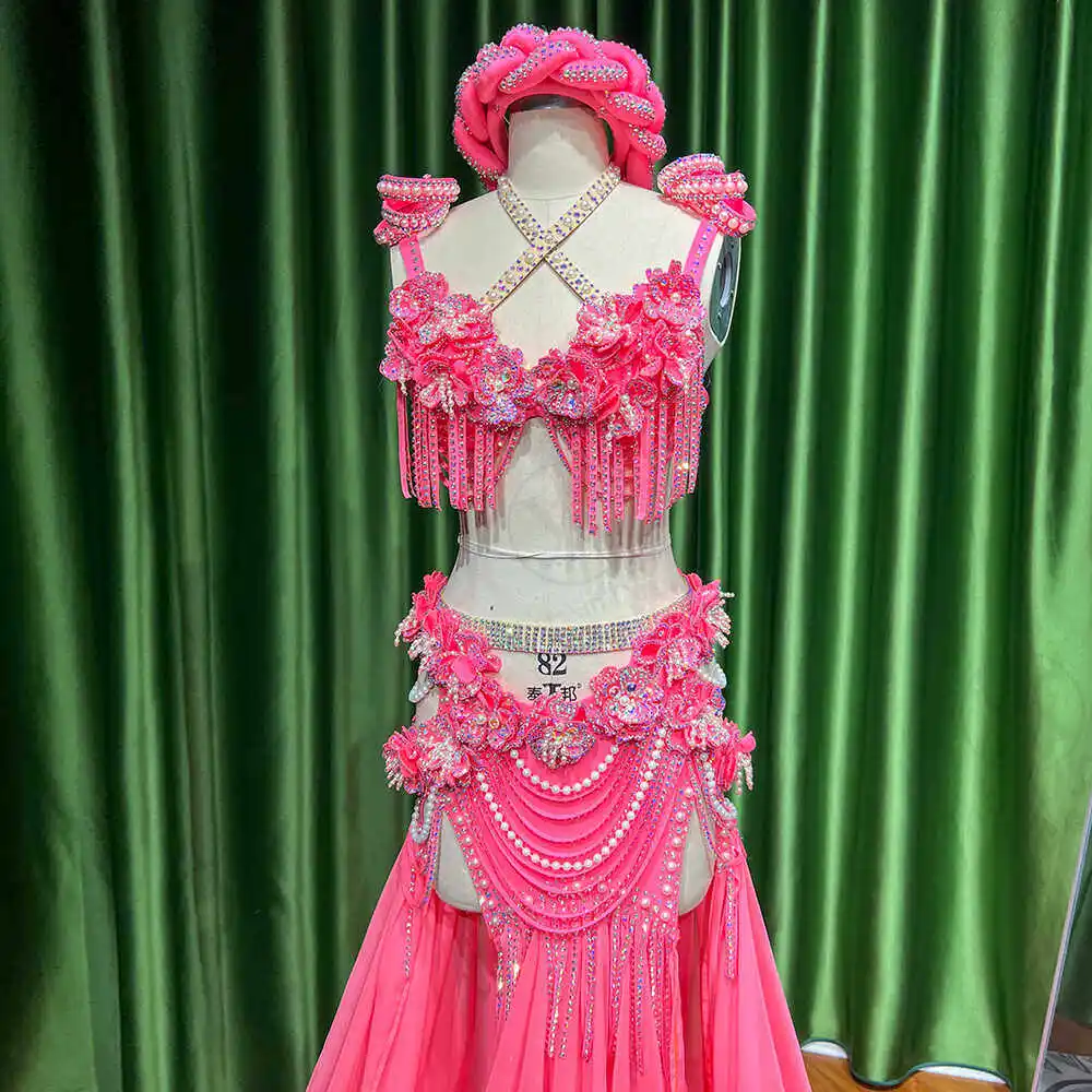 Custom Size Hot Pink Belly Dance Performance Outfit Crystal Floral Embellished Top & Flowy Chiffon Full Skirt
