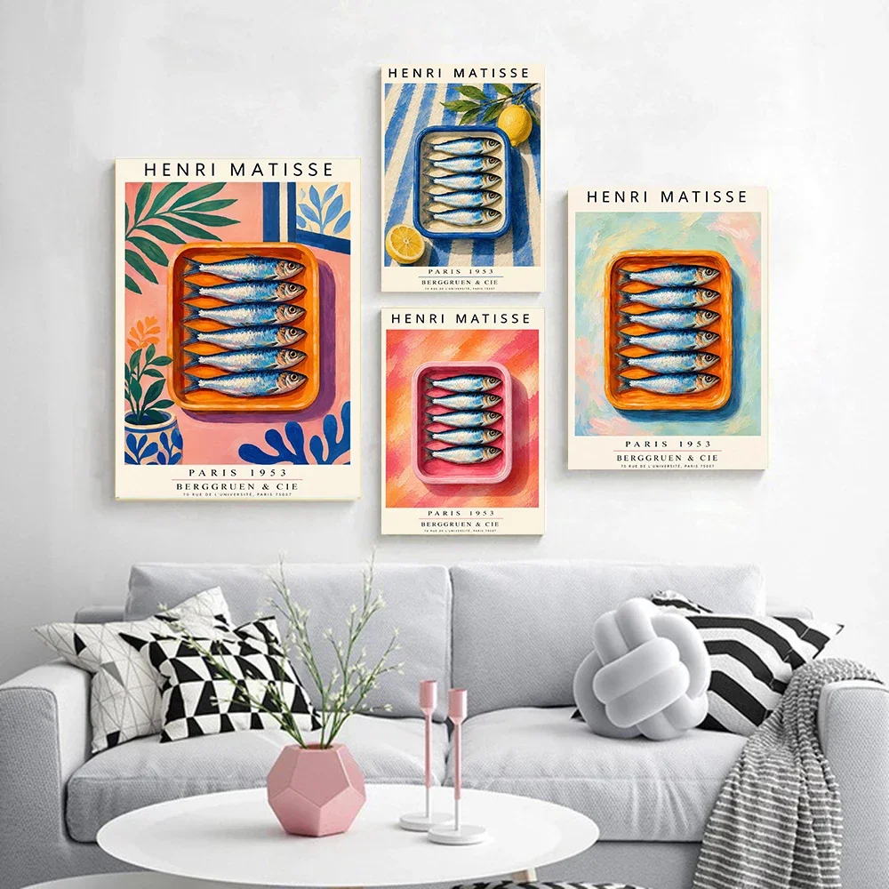 Multiple sizes 1pc frameless Canvas Painting,Colourful Funky Kitchen Food Matisse Sardine Posters Pink Tinned Fish Aesthetic Pri
