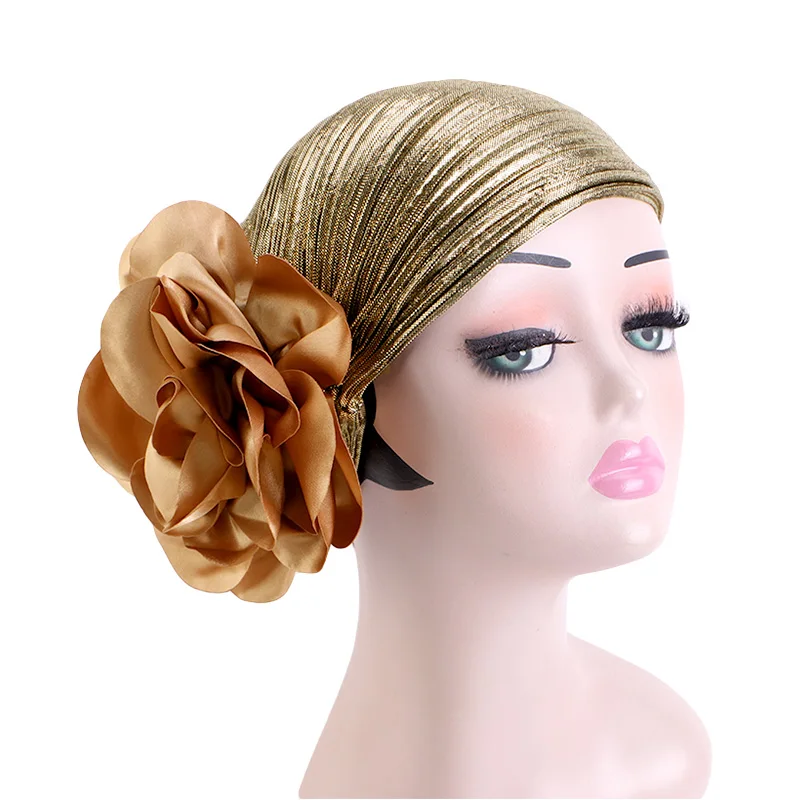 New Women Gold Silver Big Flower Turban Hijab Bonnet Muslim  Indian Hat Elastic Chemo Beanies Chemo Cap African Hat Headwear - view 5