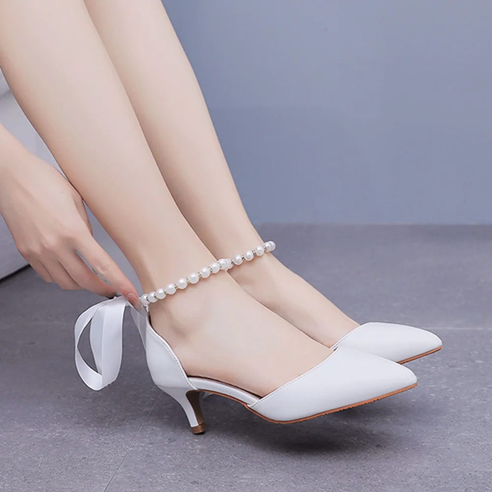 

Spring and summer pointed toe hollow white pearl chain low-heeled wedding shoes banquet large size thin high-heeled women sandal