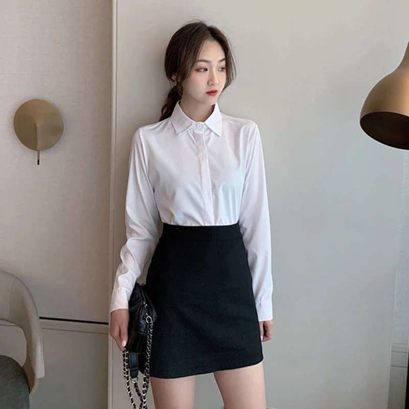 New Women\'s Shirts 2024 Summer Korean Style Black White Office Ladies Shirt Casual Long Sleeve Turndown Collar Career OL Blouses