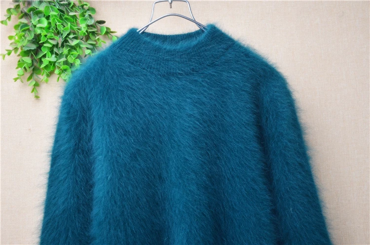 Ladies Women Autumn Winter Green Hairy Angora Rabbit Hair Knitted O-Neck Long Sleeves Split Slim Blouses Pullover Sweater Pull