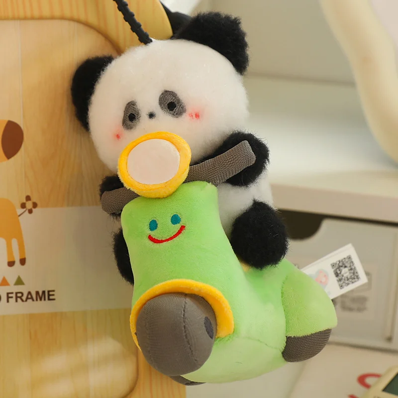 15CM Motorcycle Plush Keychain Cute Panda Pull String Doll Pendant Moving Plush Bag Ornament Christmas Birthday Gift