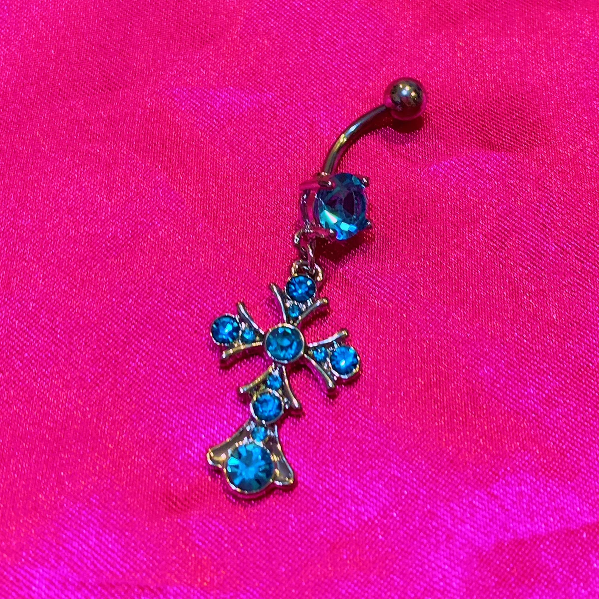 Y2K هيئة ثقب الأزرق كريستال الصليب البطن زر خواتم مثير الإكسسوارات الشرير الوردي خواتم السرة 2000s مجوهرات الجمالية