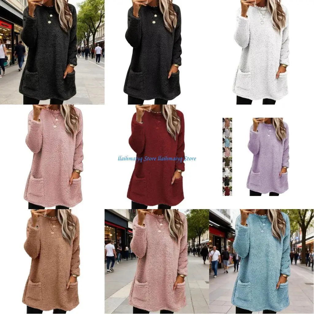 

573B Зимняя толстая флисовая толстовка для женщин, туника с длинным рукавом и круглым вырезом, топ, термопуловер с карманами,