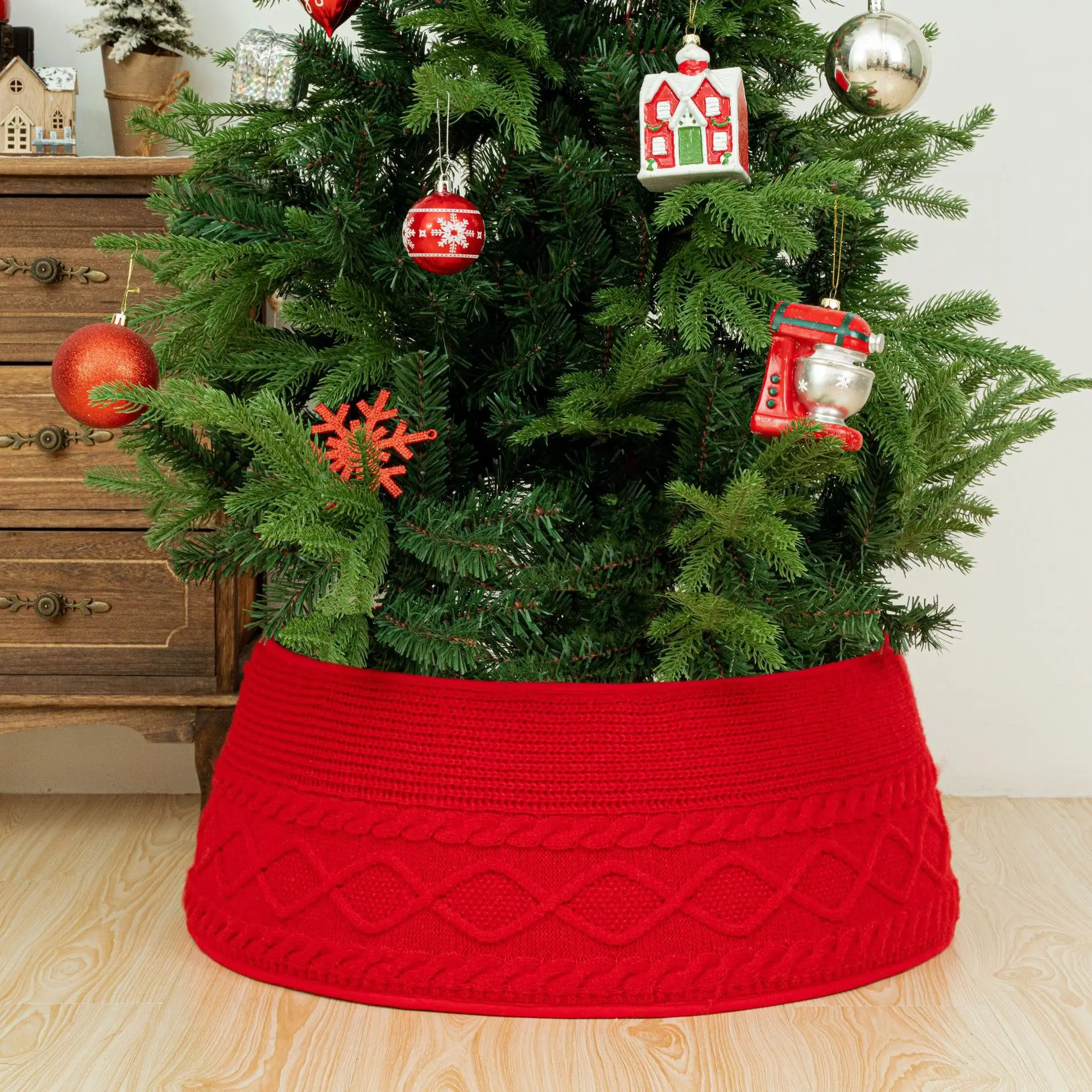 

Red Knit Christmas Tree Collar Farmhouse Style Artificial Tree Stand Base Cover for Holiday Decorations