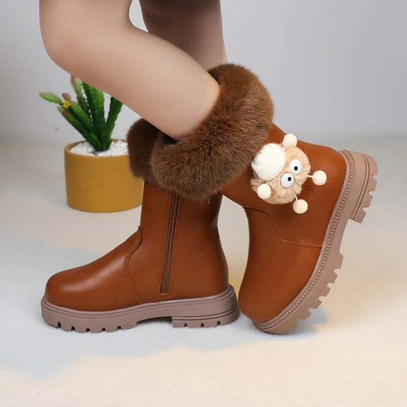 Girls Fashion Boots 2024 Autumn Winter Warm Fur Thick Plush Fluffy Hairy Ball Cute Cartoon Kids Thermal Boots Mid-calf Zipper