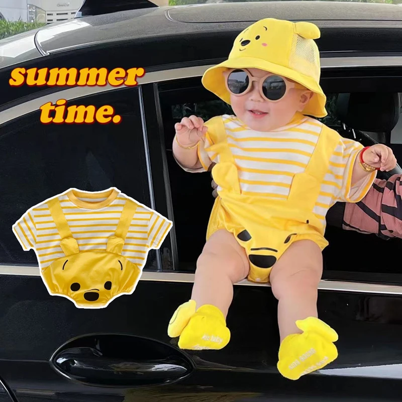 Disney Winnie Fashion Designer Brand Baby Clothes Triangle Cotton Suit Striped Clothes Yellow Bear 0-2 Years