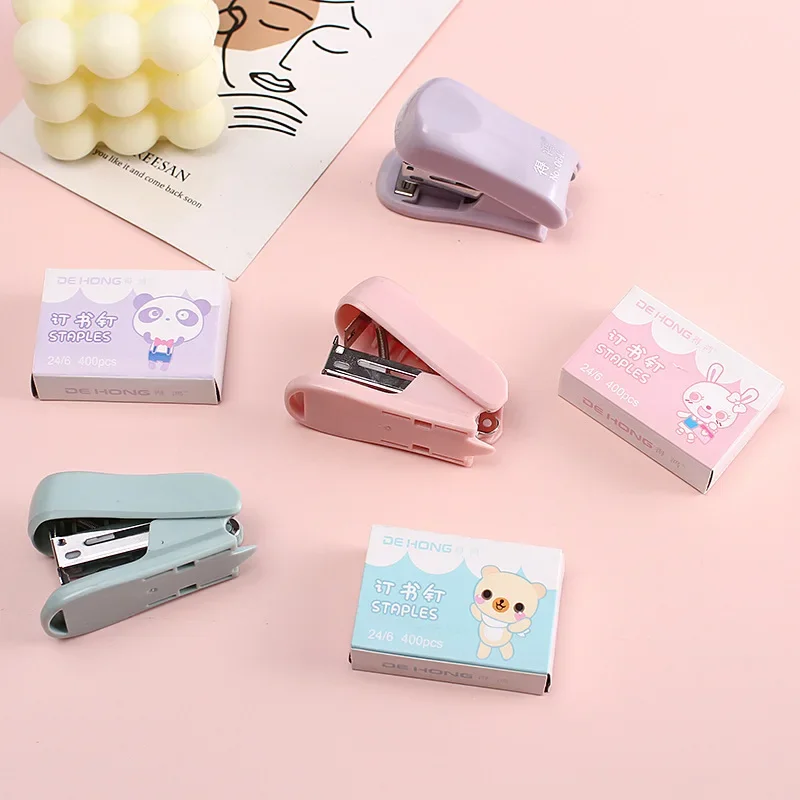 Cute Mini Stapler Morandi Portable Staplers 400 Pcs Standard 24/6 Staples Clips Office School Supplies Stationery Gifts students