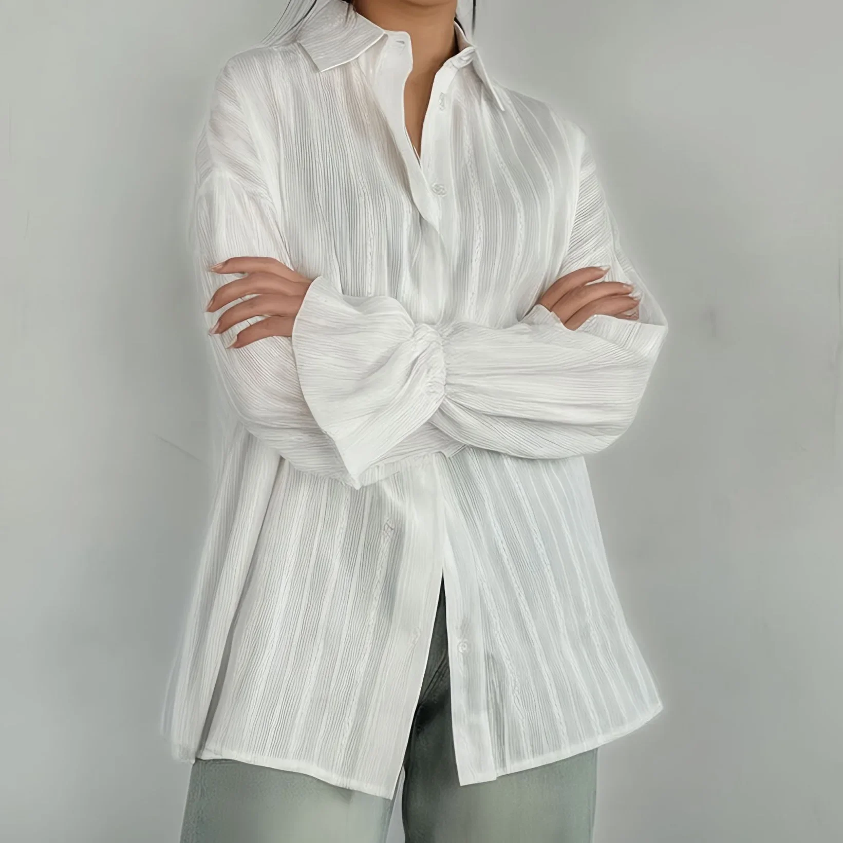 Blouses Women Shirt Solid Turn Down Collar Flare Sleeve Tops Jacquard Y2k Streetwear Elegant Sinlge Breasted Shirts 2026 Summer