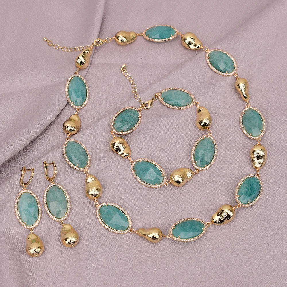 

GG Natural Green Amazonite Stones Cubic Zircon Paved Gold Plated Brushed Beads Necklace Bracelet Earrings Sets For Women