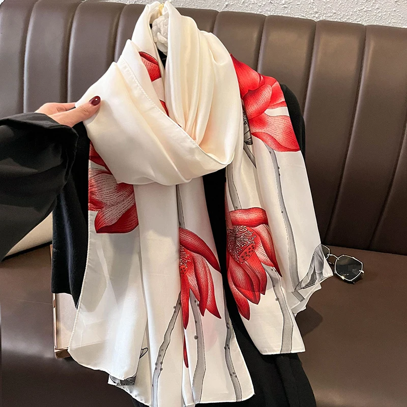 Women's Spring and Autumn Printed Imitation Silk Scarf Paired with Ipek Esarp Circular Flower Scarf Wrapping Women's Big Shawl