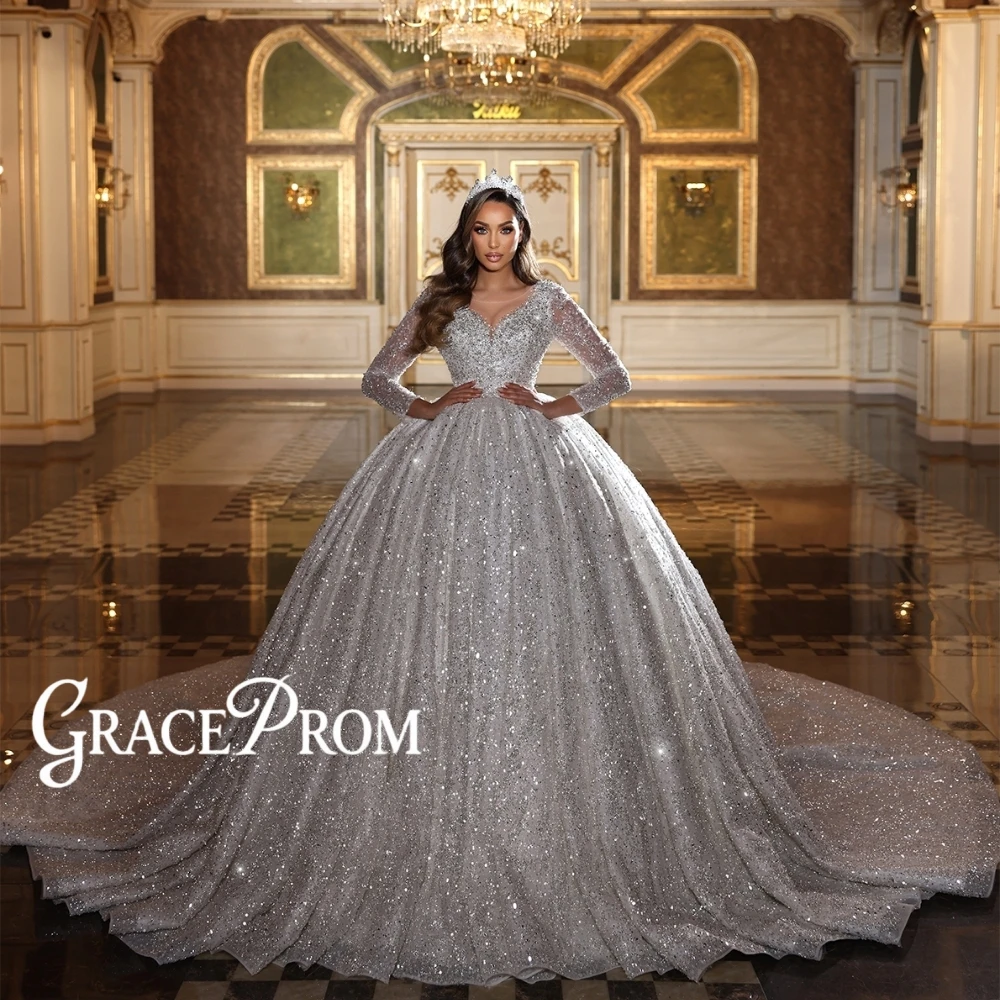 Luxury Full Sequin Glitter Ball Gown Wedding Dress Sheer Neck Long Sleeved Delicate Charming Long Train Customized Bride Wear