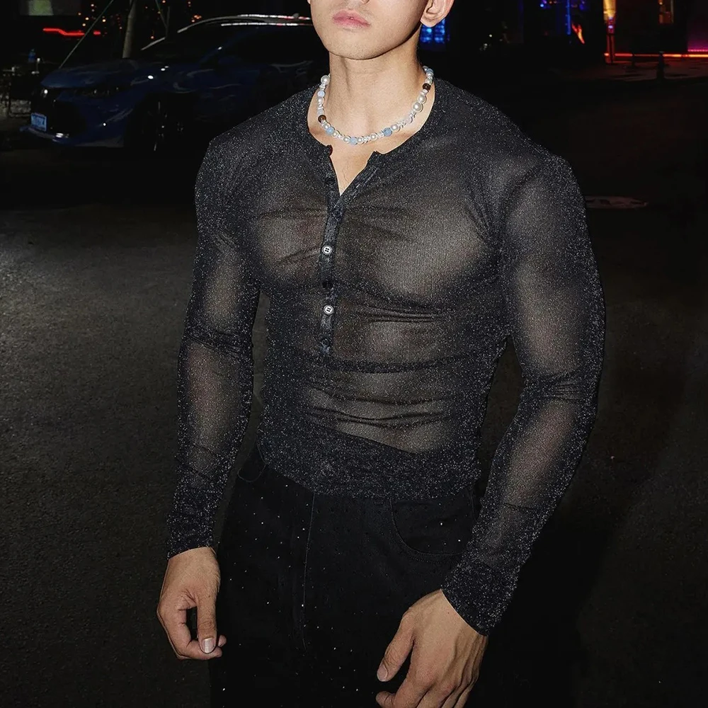 

Mens T-Shirt Shiny Sexy Perspective Ballroom T-Shirt Nightclub Stage Performance Fashion Niche Long-Sleeved Top Men'S Clothing