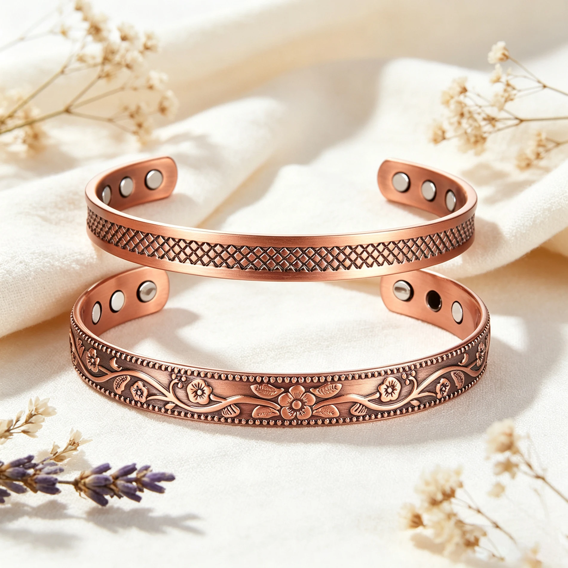 2-Pack Unisex Pure Copper Bracelets 99.99% Pure Copper Magnetic Therapy Wristbands with 6 Powerful Magnets Adjustable Open Hand