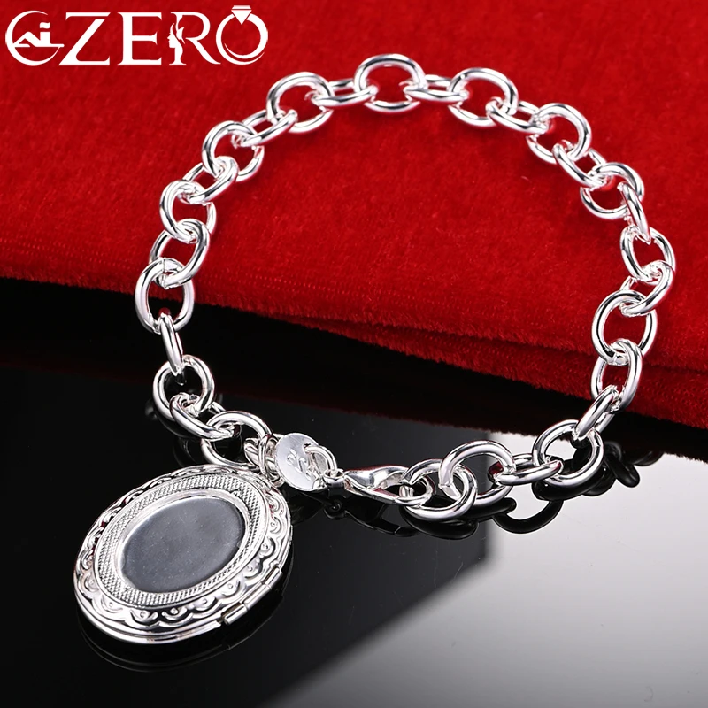 

ALIZERO 925 Sterling Silver Oval Photo Frame Pendant Chain Bracelet For Woman Men Fashion Party Classic Accessories Jewelry Gift