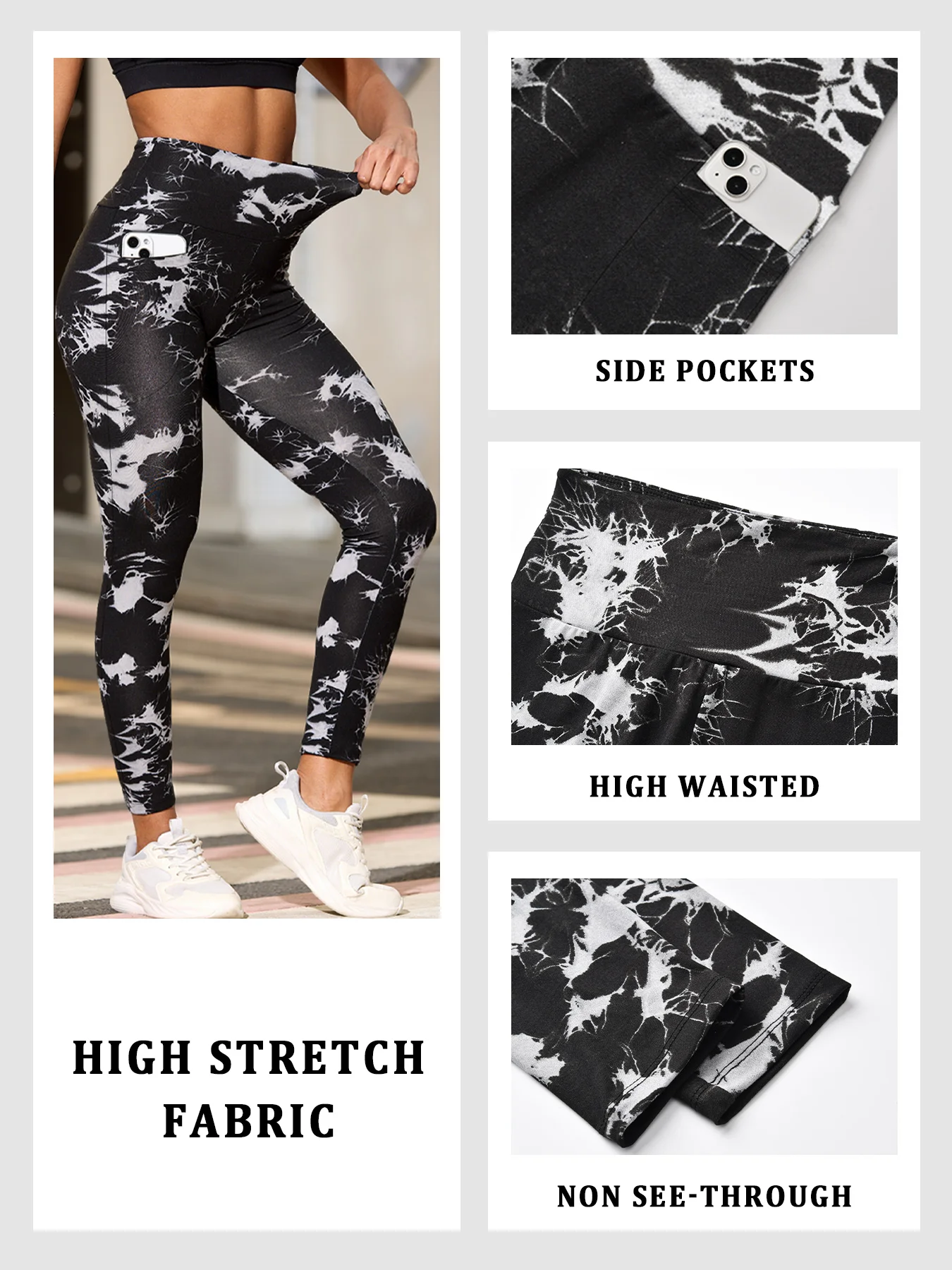 เลกกิ้งพิมพ์ลาย Tie Dye เอวสูง 3 ชิ้น เนื้อผ้านุ่มพิเศษ มีกระเป๋าสำหรับผู้หญิง กระชับหน้าท้อง ไม่บาง ซึมซับเหงื่อ เหมาะสำหรับออกกำลังกาย วิ่ง และโยคะ