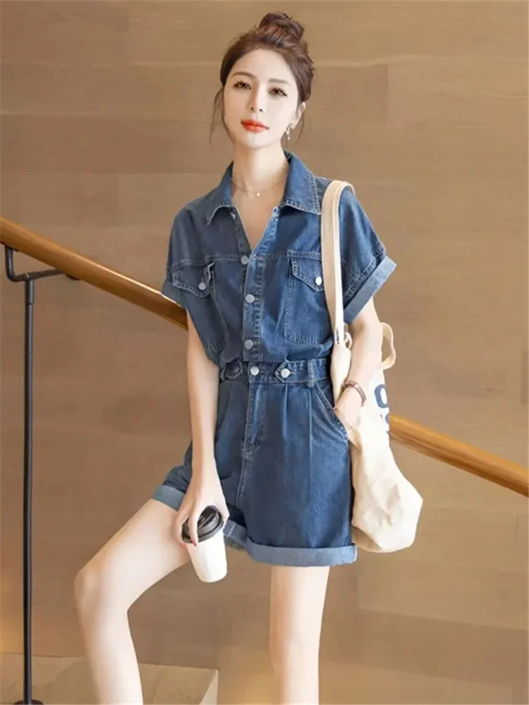 Zoete coole stijl zakken ontwerp denim jumpsuit dames zomer nieuwe casual slanke korte mouw streetwear jeans rompertjes ropa de mujer