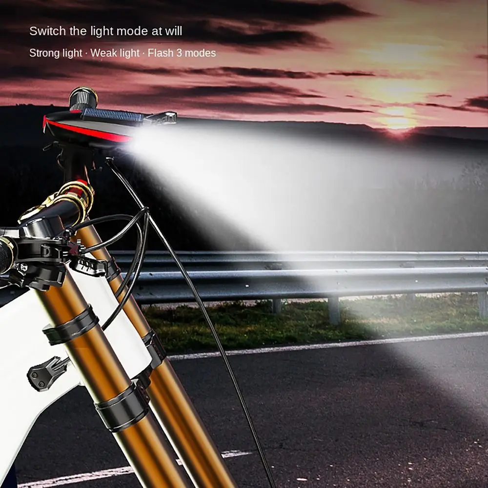 250 Lumens Bicycle Headlight Solar Rechargeable USB Charging Mountain Bike Light High Brightness with Bike Horn Alarm