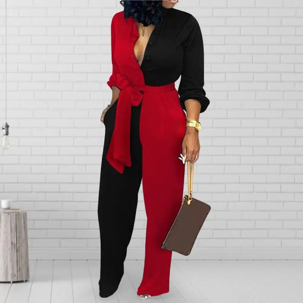 V-Neck Long Sleeve High Waist Buttons Half Placket Pockets Women Jumpsuit Autumn Abstract Print Front Belted Jumpsuit