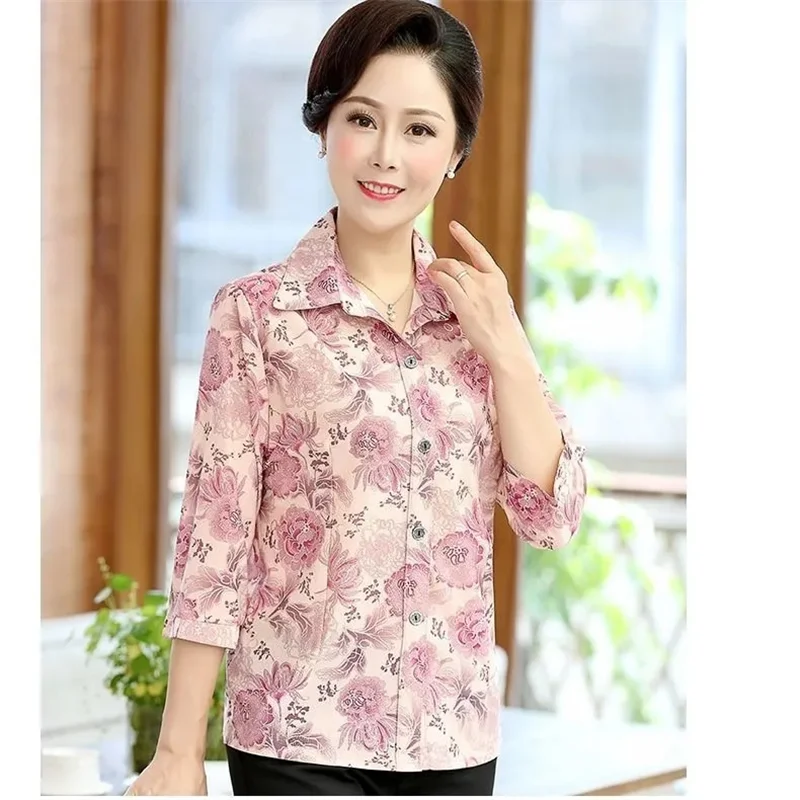 Middle Age Women Blouse Summer New Casual Fashion Mother Three Quarter Sleeves Shirt Print Cardigan Blusa Feminina Tops 5XL W961