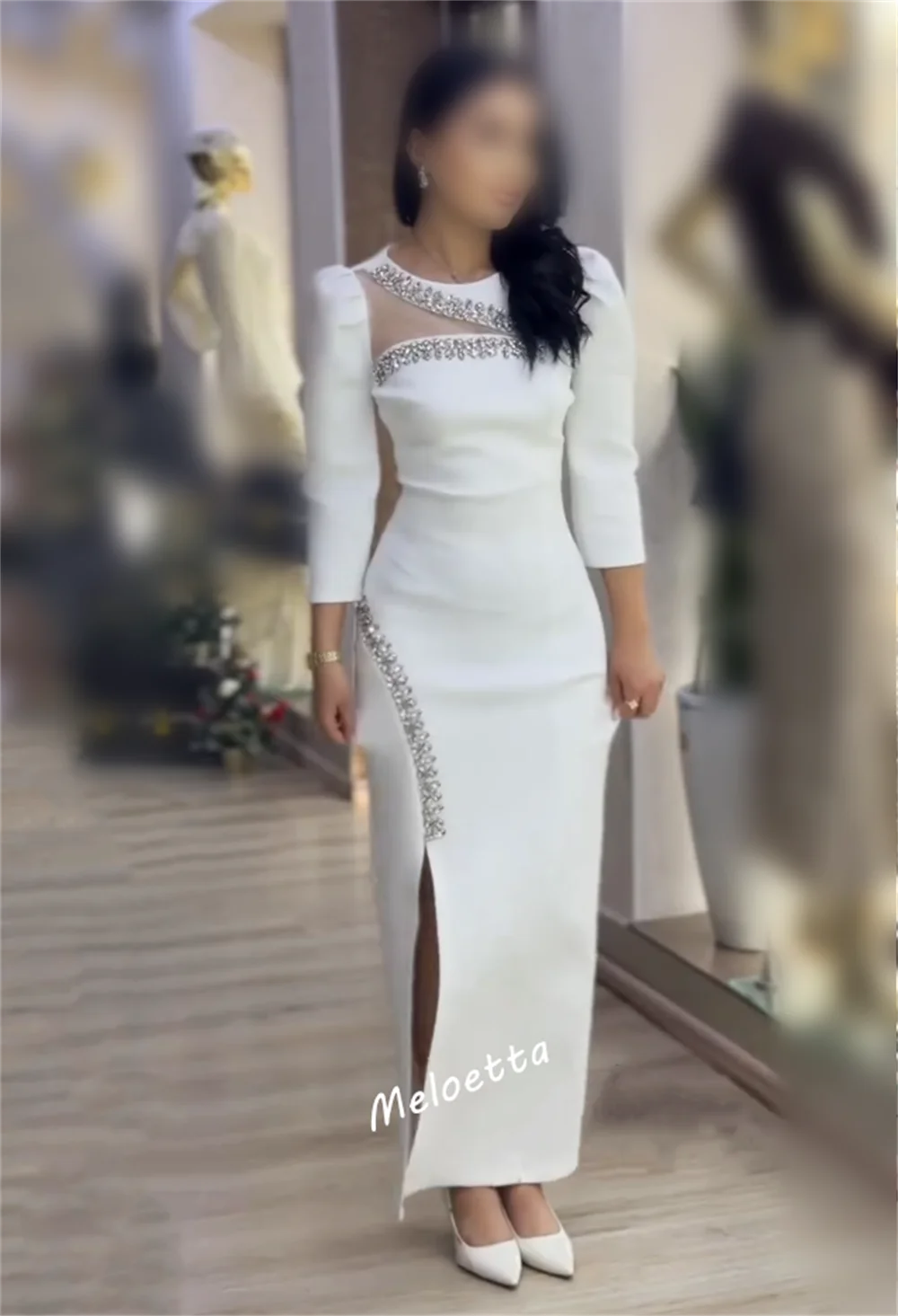 Personalizado elegante glitter mangas compridas o-pescoço midi vestidos arábia saudita formal vestido de noite sob medida ocasião festa de casamento