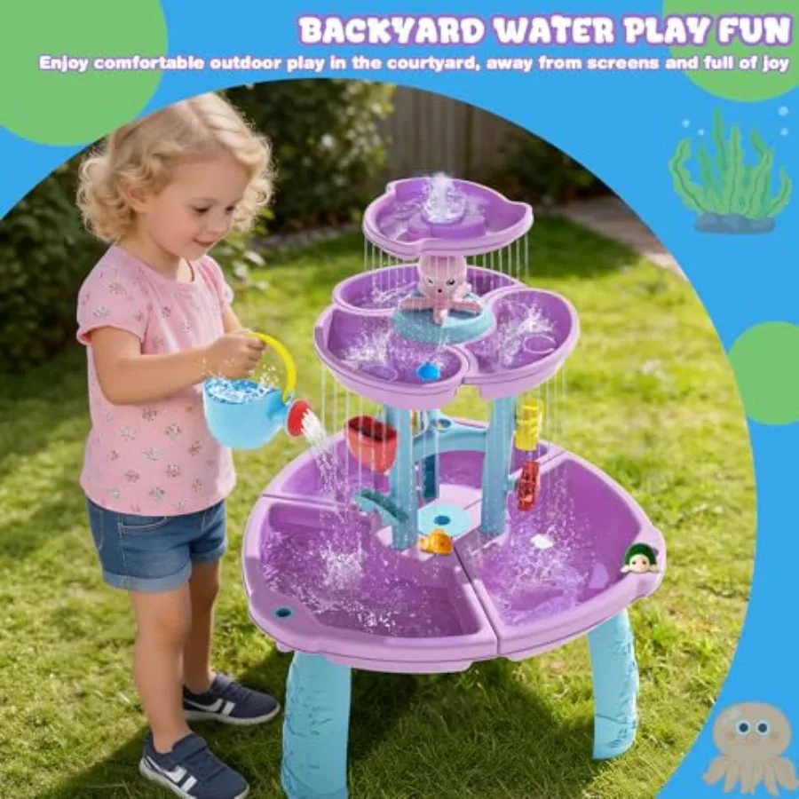Water Table for Toddlers, 3-Tier Sand and Water Table with Rain Shower Splash Pond, Plastic, Blue Yellow, UV-Resistant Easy-Cle