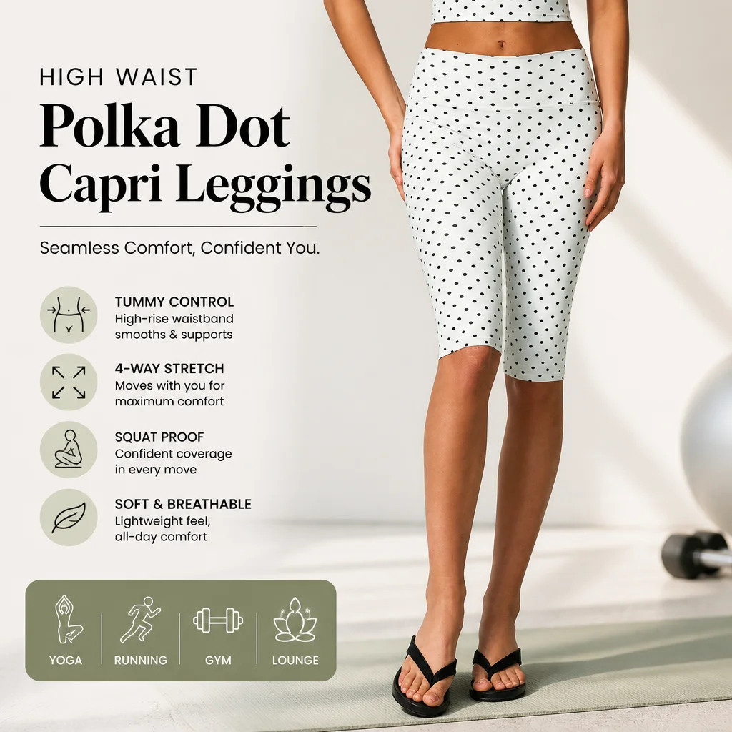 Women's High Waist Polka Dot Capri Leggings Seamless Tummy Control Cropped Yoga Pants Squat Proof Workout Tights for Gym Running
