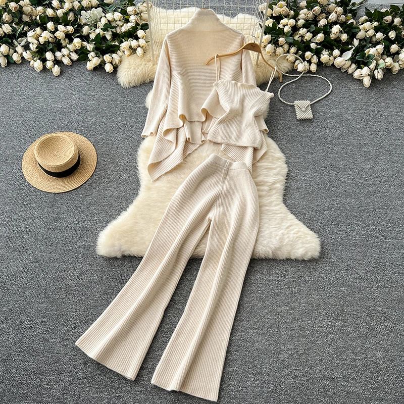 Fashion Warm 2-piece Set Lapel Neck Lace Up Slim Coat+Sling Inner Tops+High Waist Wide Leg Pants Women Knit Autumn Winter Suits