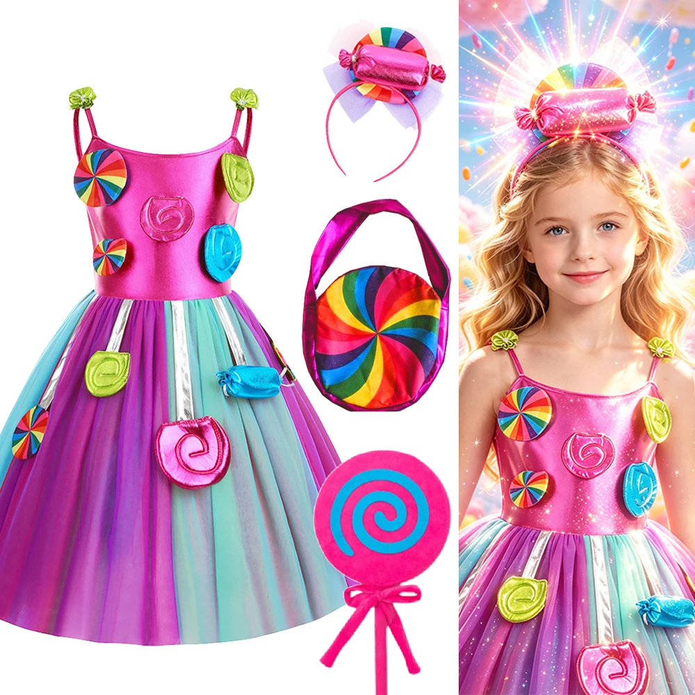 Purim Carnival Rainbow Candy Lollipop Classic Costume For Girls Birthday Party Tutu Princess Dress Ball Gown Dress Set