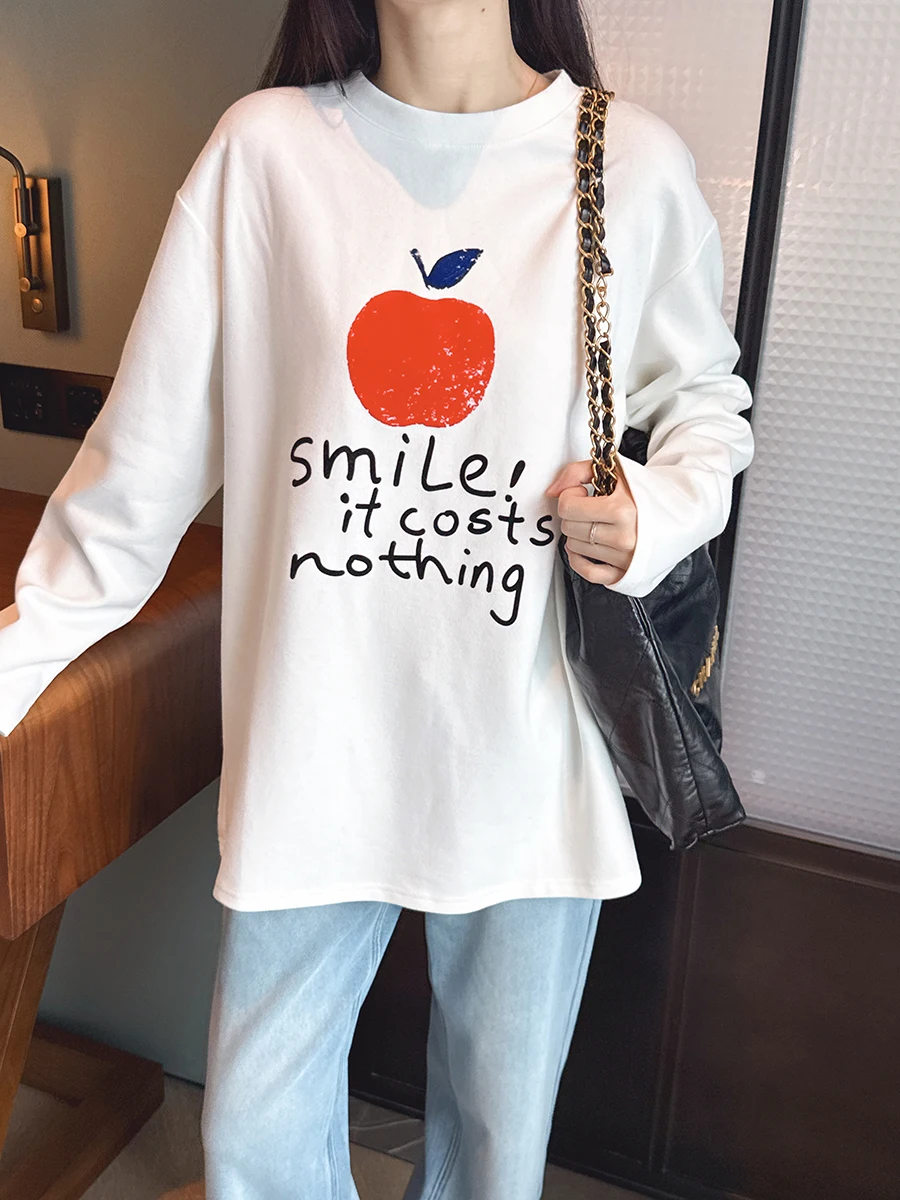 

Корейская утепленная толстовка с начесом и длинными рукавами, свободная повседневная толстовка с круглым вырезом и графическим принтом для женщин