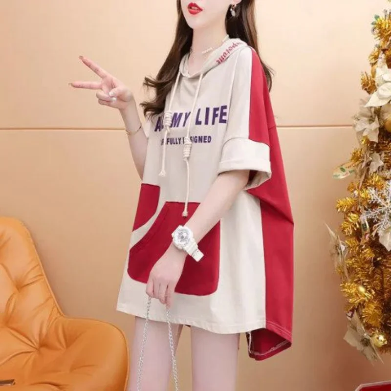 

DAYIFUN-Women's Cotton Half Sleeve Hooded T-shirts Mid Length Letter Printed Short-Sleeved Splice Tops Large Size Summer 2024