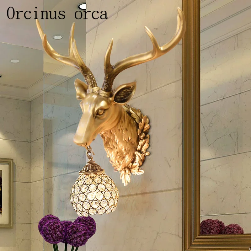 

American retro creative wall lamp antlers living room corridor lamp deer head wall lamp