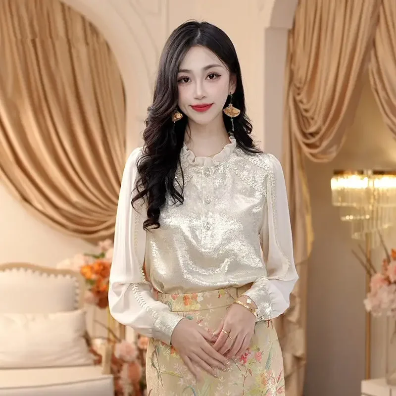 Luxury Streaming Satin French Long-sleeved Shirt for Women Spring Autumn Splicing Design Unique Beautiful Shirt Office Lady Top