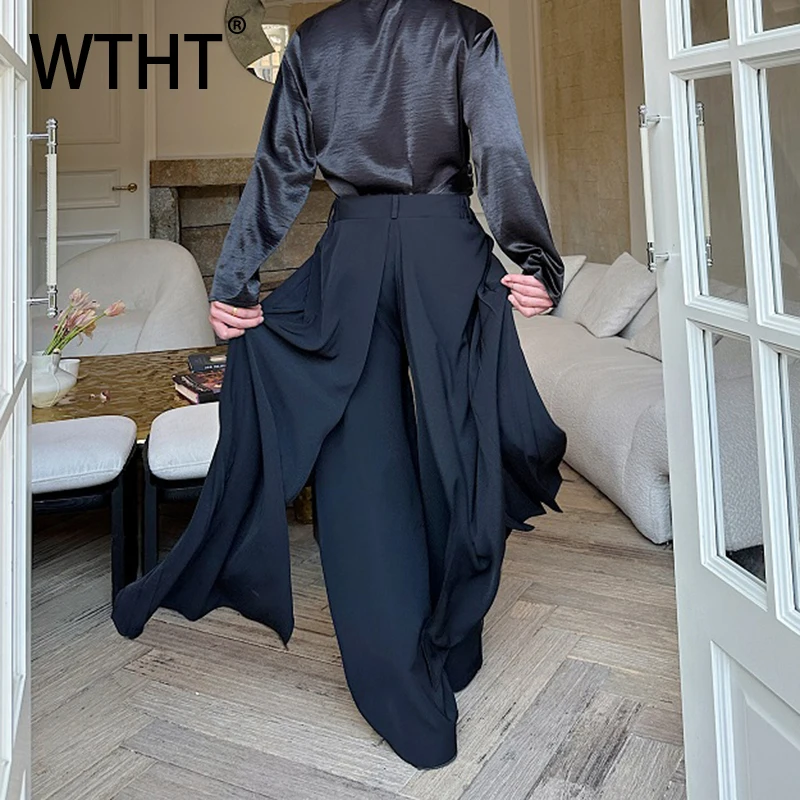 

WTHT Trendy Men's Solid Color Double Layer Pleated Pants Fashion Casual High-waisted Straight Trousers Male 2025 Summer 2A1163