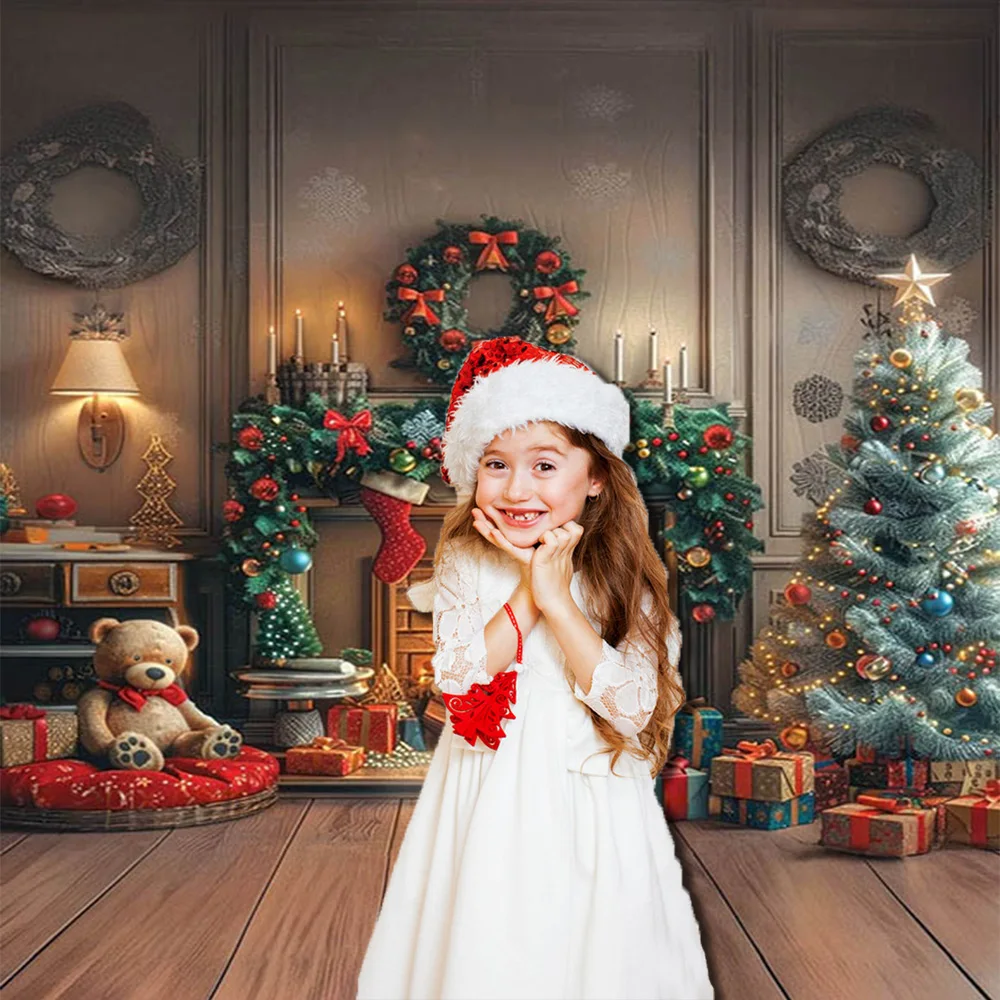 Vertical Christmas Photography Background Indoor Fireplace Fire Christmas Tree Candle Gifts Bell Wreath Decoration Photo Studio