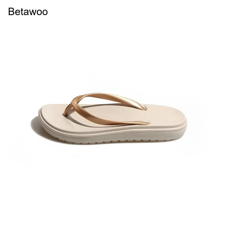 Womens Beige Platform Flip Flops Metallic Strap Open Toe Summer Beach Slide Sandals