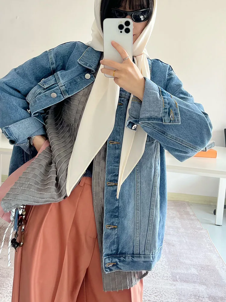 

Ретро джинсовая куртка с эффектом потертости и пэчворком, свободного кроя, повседневная, универсальная, весенняя новинка, женская модная куртка для города, с длинными рукавами