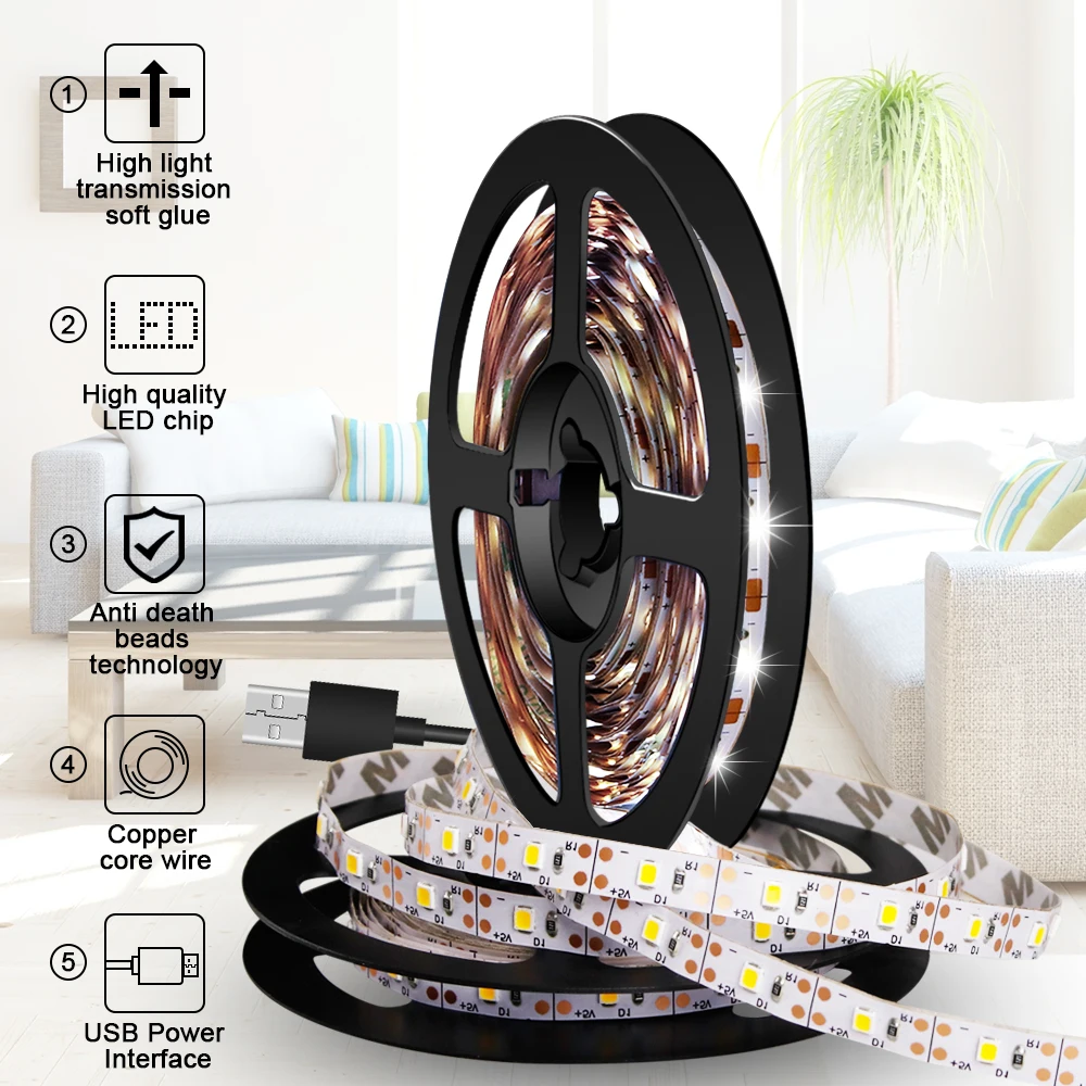 5V USB Strip Lamp Led Light Tape Flexible Light Strip Led Bandelettes Led Tira Neon Ribbon Closet Cabinet Wardrobe Night Lights