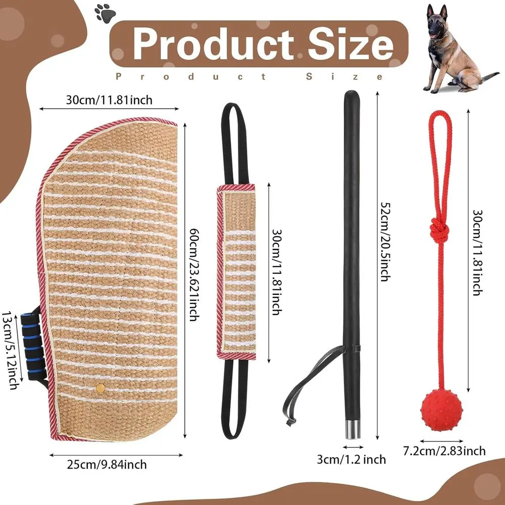 مجموعة معدات تدريب الكلاب: كم، وسادة، لعبة شد، عصا، كرة مطاطية للعض، جلب تدريب الجرو K9 (أحمر)