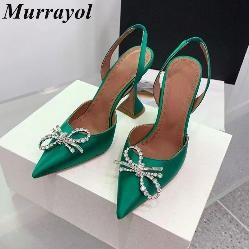 Satin Pumps Pointed Toe Bling Rhinestone Decor Sandals Women Thin High Heels Slingback Sandalias Mujer Summer Party Dress Shoes