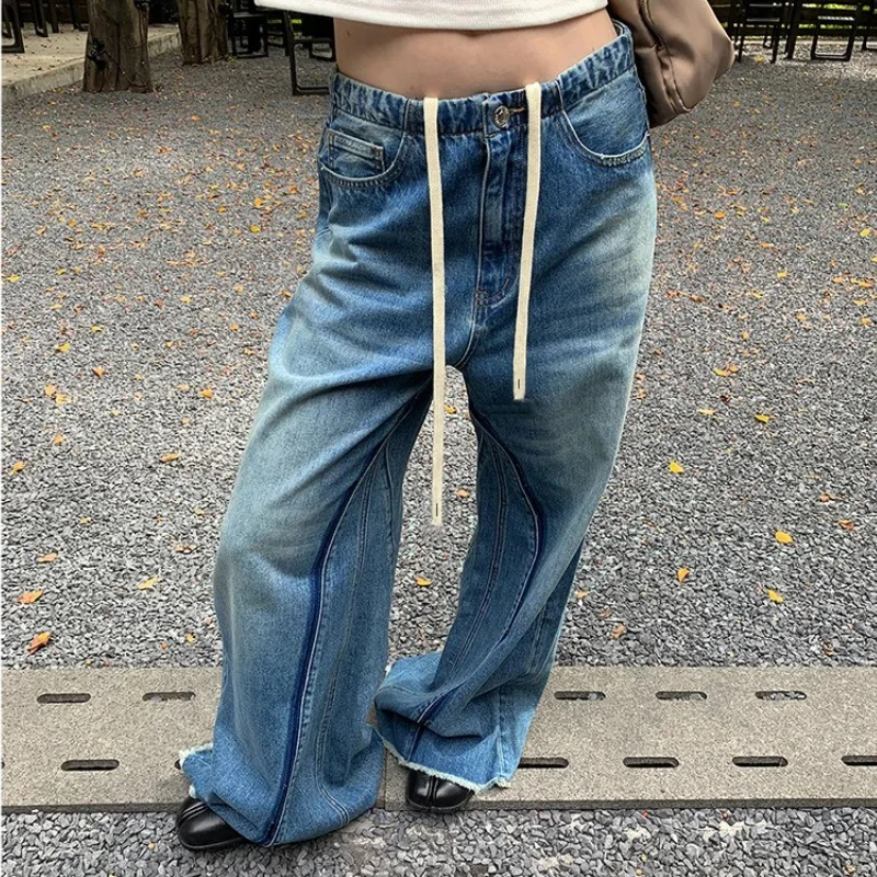 

Denim Jeans Wide Leg Pants Women Floor Length 2025 Streetwear Mom High Waist Washed Pockets Loose Trousers Vintage Distressed