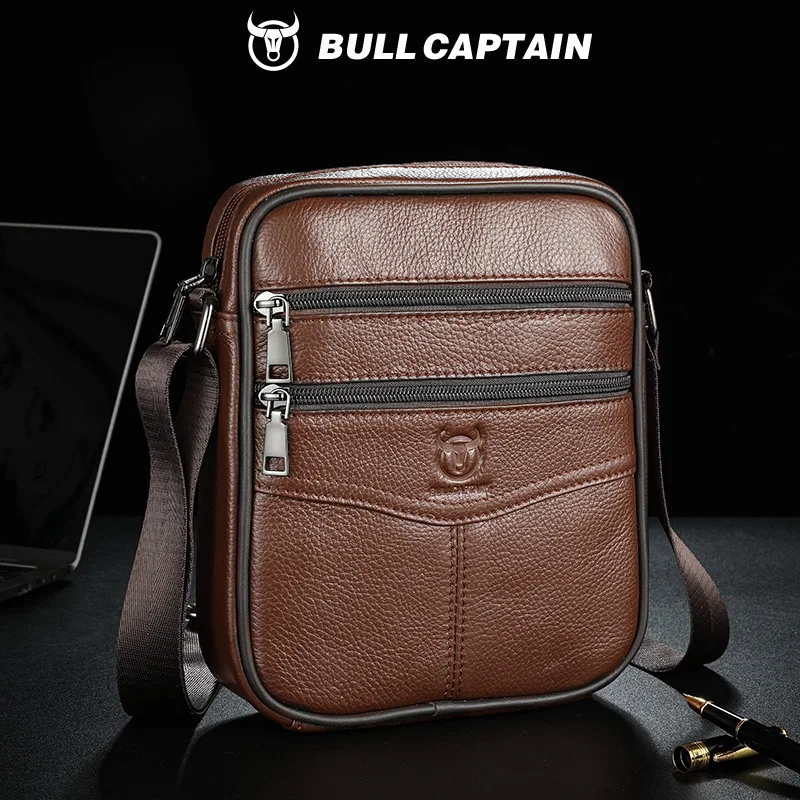 Men's leather single shoulder cross body head layer cowhine advanced 8 inch flat storage vertical diagonal cross cashier bag