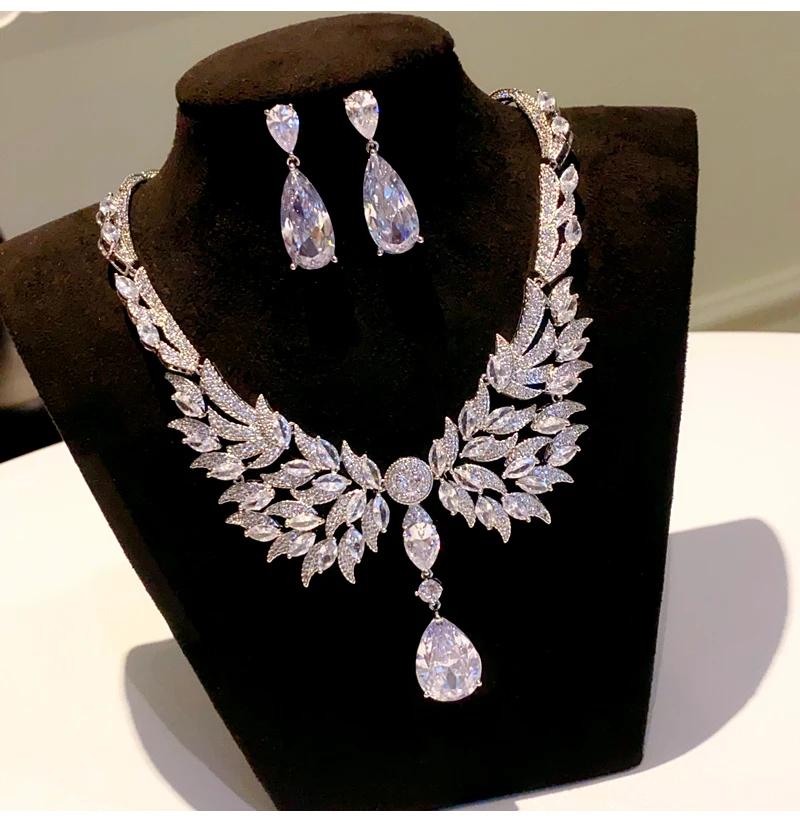 Wedding Jewelry Set Shine White Zirconia Wing Design Luxury Necklace Earring Whole Set Silver Plated Party Accessory