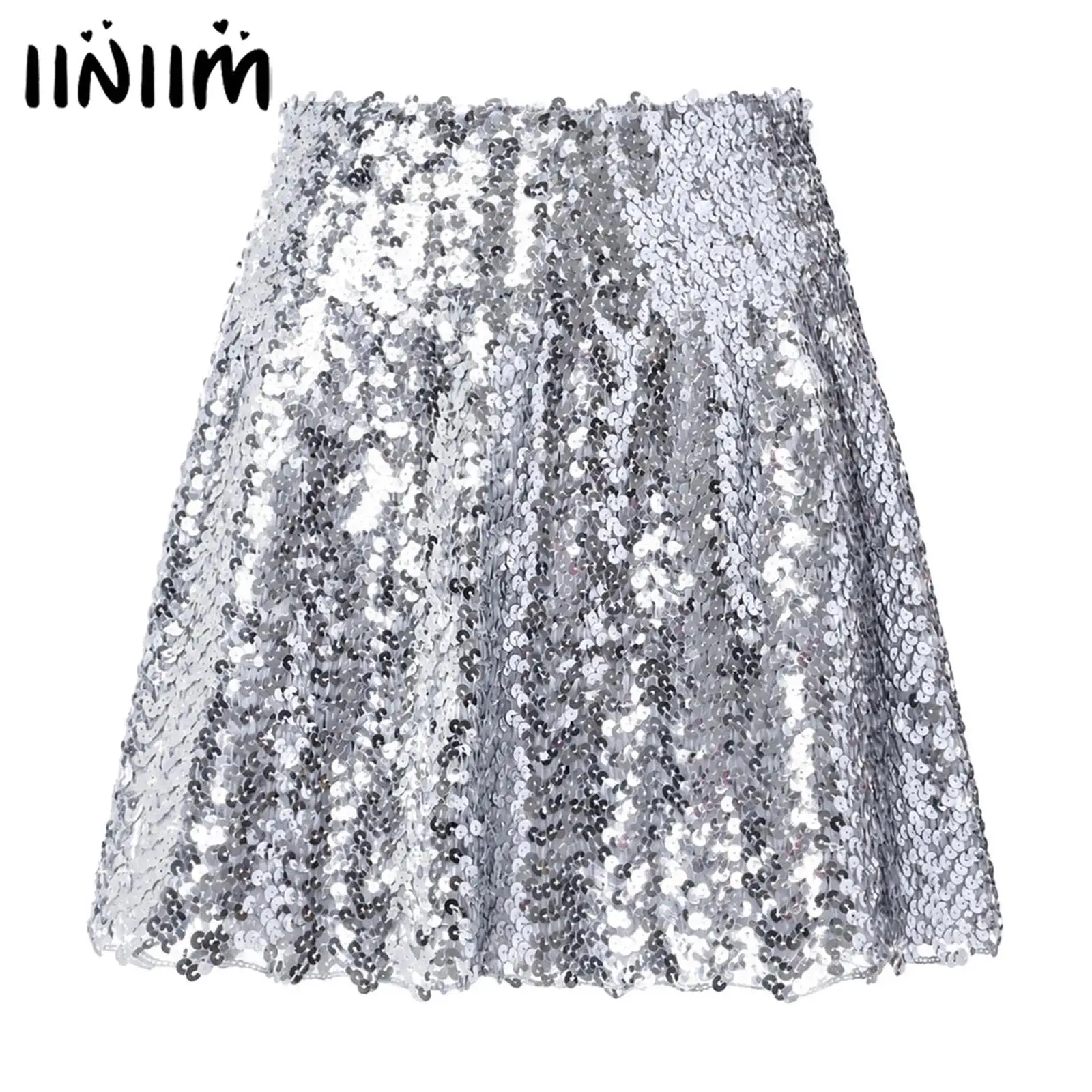 Women Sparkly Sequin Mini Skirt High Waist A-line Stretchy Flared Skirts for Concert Night Out Cocktail Party Stage Performance