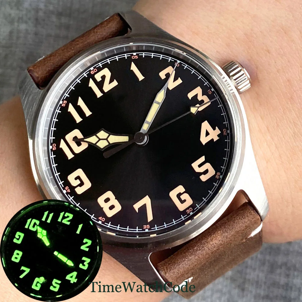 Tandorio Automatic Diver Men's Watch Pilot NH35A PT5000 39mm Luminous Black Dial Sapphire Crystal 200m Waterproof Leather Strap