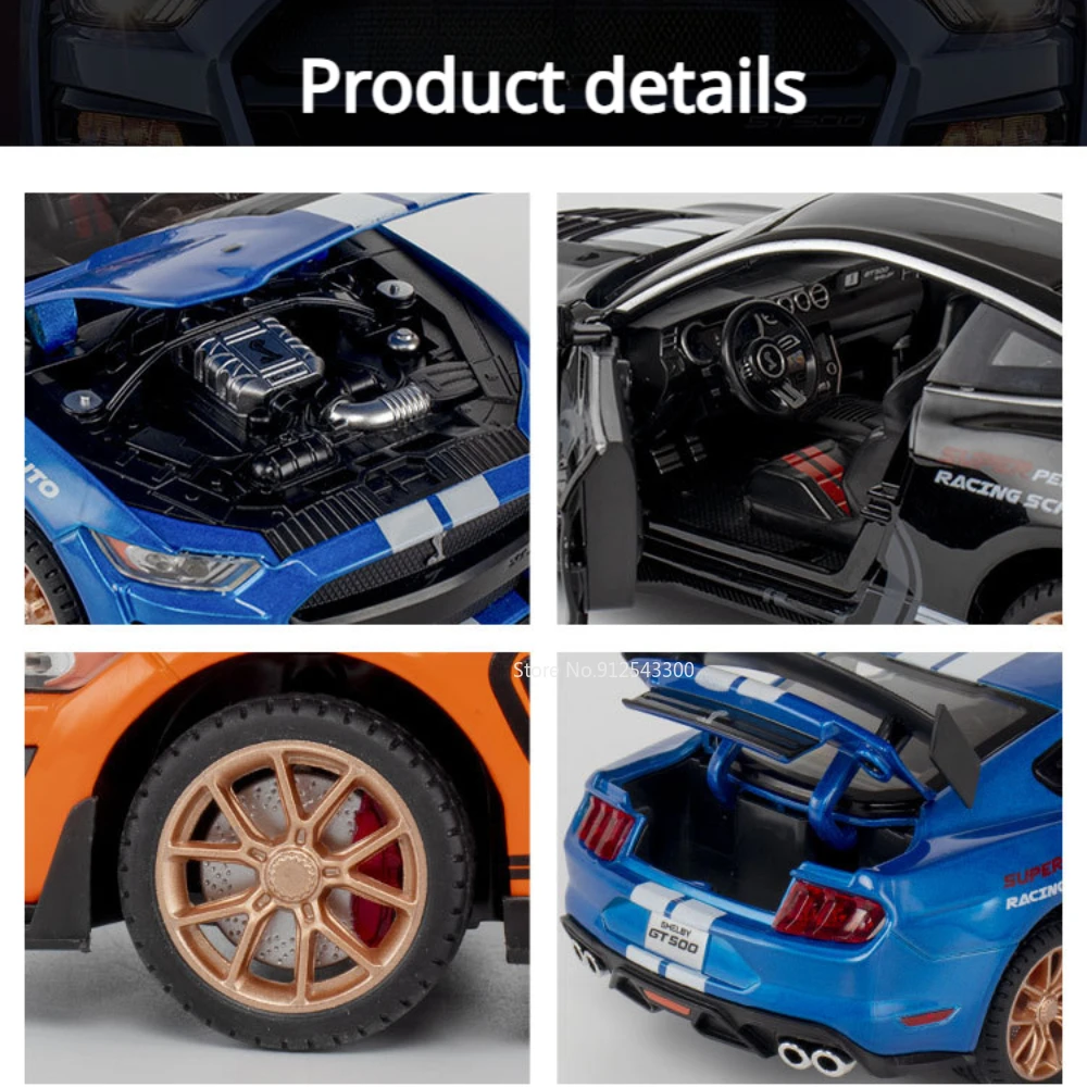 1/24 Scale Mustang Shelby GT500 Car Model Toy Alloy Body Shock Absorption Racecar Models Sound Light Pull Back for Children Gift